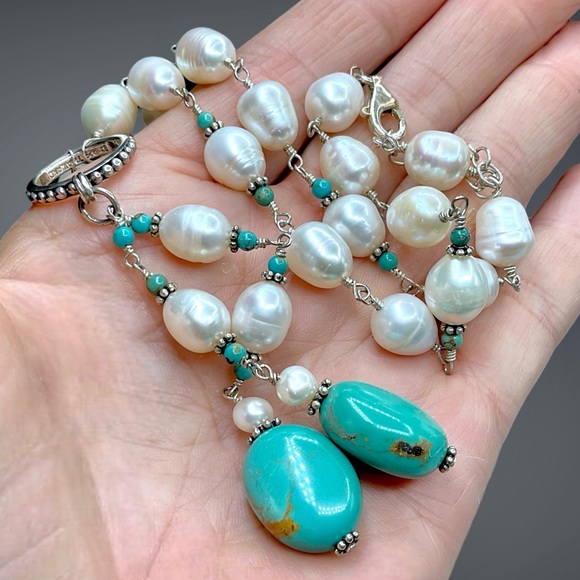 🌺Gorgeous Sterling, Genuine Pearl & Turquoise Necklace - Picture 2 of 14